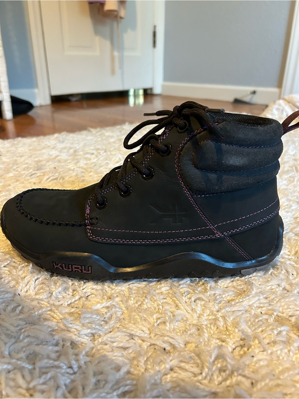 KURU Black Ankle Boots with Purple Stitching